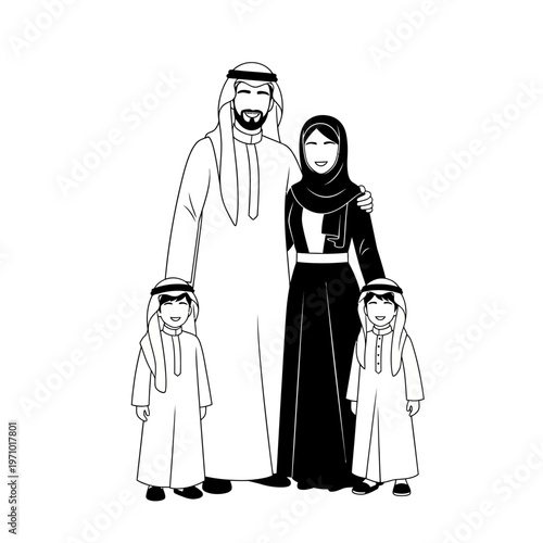 Arabian family in traditional clothing standing.