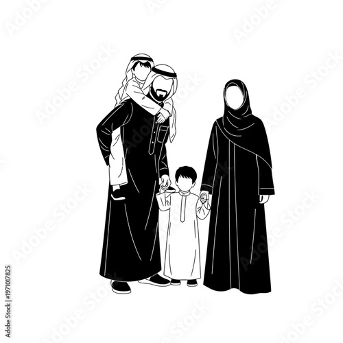 Arabian family in traditional clothing standing.