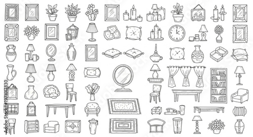 Collection of various interior design elements and furniture illustrations.