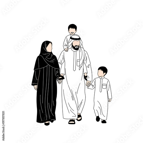 Arabian family in traditional clothing walking.