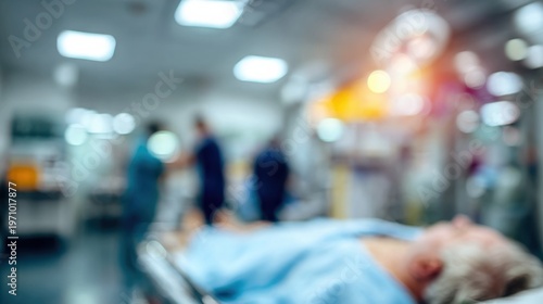 Medical staff attending to a recovering patient in an ambulatory surgery bay patient in crisp focus while the clinical surroundings remain softly blurred.