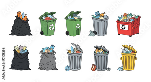 Illustrations of different types of waste bins and their appropriate waste disposal methods