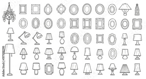 Collection of various lamps and lighting fixtures in a sketch style.