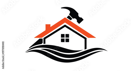 Modern logo design combining a house, hammer, and water waves for construction and renovation services