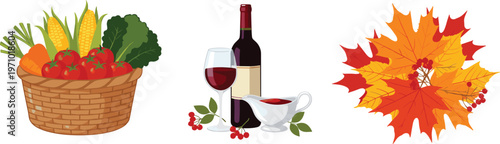 Autumn harvest basket with vegetables wine bottle and maple leaves flat vector set
