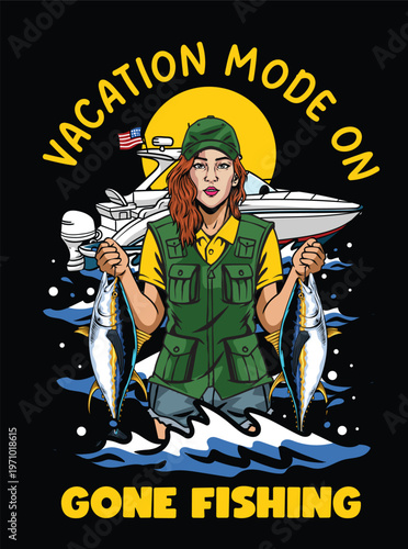 Vacation mode on illustration featuring a woman fisherman with caught fish and a fishing boat