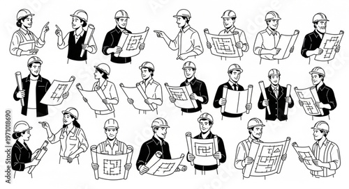 Collection of various people reading newspapers and blueprints in different poses and angles.