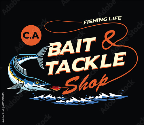 Retro bait and tackle shop logo featuring a mackerel fish and fishing line typography