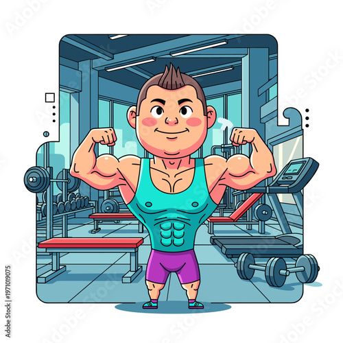 Muscular Cartoon Man Flexing Biceps in Gym Interior Workout Illustration