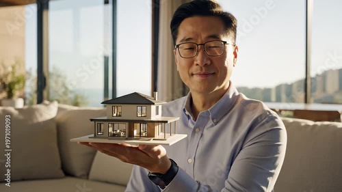 Asian man in glasses holding a detailed scale model of a modern two-story house in a brightly lit living room, representing home insurance, real estate investment, and architectural planning.