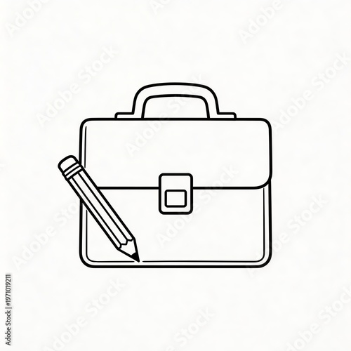 Minimalist black and white illustration of a briefcase with a pencil, symbolizing business, office work, and stationery essentials. Clean, simple line art for professional themes.