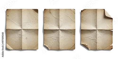 Three rectangular sheets of aged beige paper folded into quarters with visible creases and curled corners isolated on a white background
