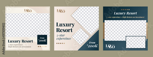 Luxury corporate social media banner template with elegant gold and blue gradients. Professional layout for digital marketing campaigns, business events, and high-end real estate promotions.