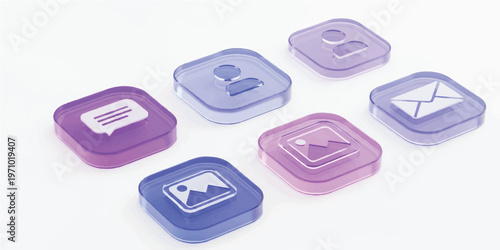 Translucent purple and blue glass square app with white embossed symbols for user profile message and email on a white background