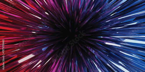 Abstract background featuring sharp radiating spikes in vibrant red purple and blue colors converging into a deep black center with glossy reflective surfaces and geometric light refractions