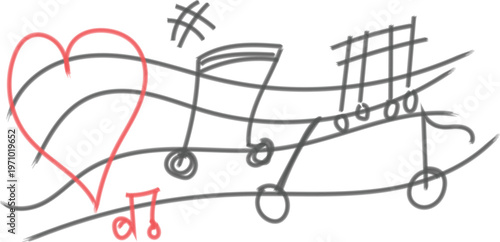 Hand drawn of musical notes staff lines and a red heart shape on a white background