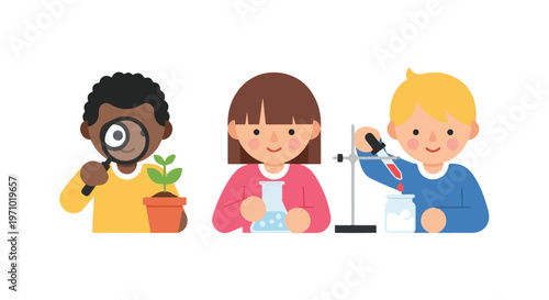 Three diverse children are happily engaged in science experiments, including studying a small plant with a magnifying glass and lab equipment.