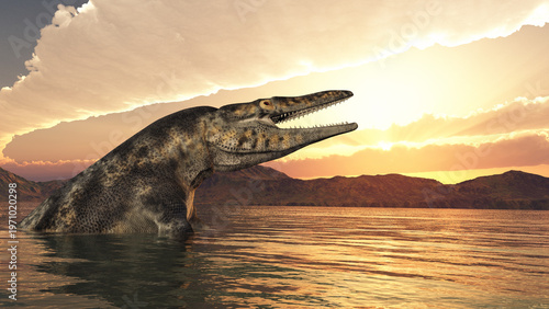 Bild auf Leinwand Mosasaurier Tylosaurus in einer Küstenlandschaft bei Sonnenuntergang