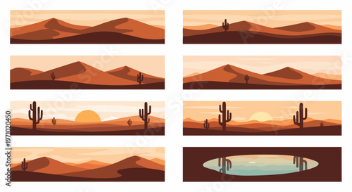 Desert landscape set stylized views of sand dunes and cacti with sunset