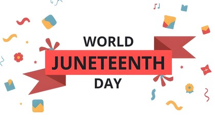 A vibrant illustration celebrating World Juneteenth Day with colorful confetti and a red banner