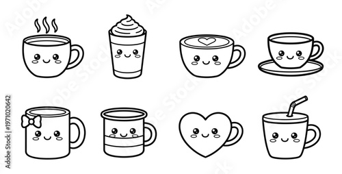 Cute Kawaii Coffee Mug and Cup Characters Outline Set — Heart Mug, Latte, Bow Cup Cartoon Coloring Page Vector