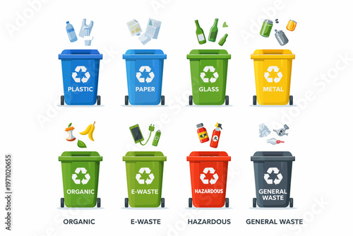 Eight colorful recycling bins for sorting different types of waste like plastic, paper, glass, metal, organic, e-waste, hazardous, and general waste.