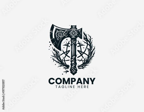 Viking battle axe with runes and abstract splashes black vector logo illustration isolated on white background
