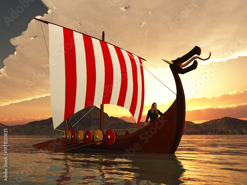 Wikingerschiff bei Sonnenuntergang