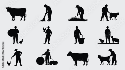 Farmers working on a rural farm with livestock and animals agriculture and farming activities in a countryside setting with silhouettes
