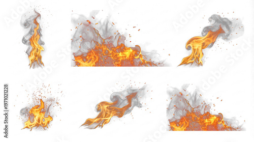 фотографія A captivating collection of six dynamic fire and smoke effects with flying sparks isolated on a transparent background
