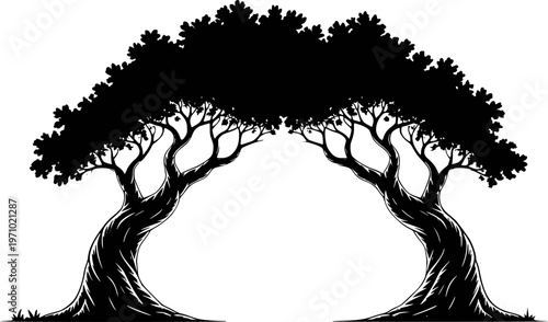 Stylized black silhouette trees with twisted trunks and leafy canopies framing white space
