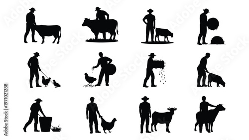 Farmers working with livestock and animals in various rural settings and activities