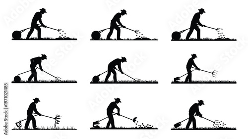 Man gardening with various tools in silhouette performing tasks like raking shoveling and digging in a sequence of nine black and white illustrations