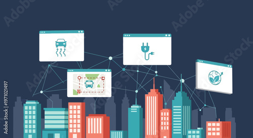 Smart city concept with interconnected digital services for sustainable urban development and intelligent transportation systems