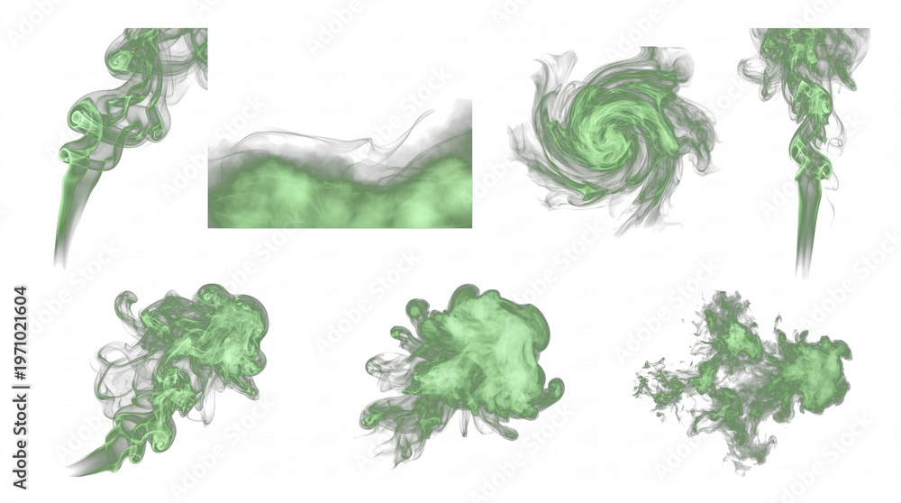 Fototapeta premium A collection of abstract green and grey smoke or fluid patterns, dynamically swirling and flowing.
