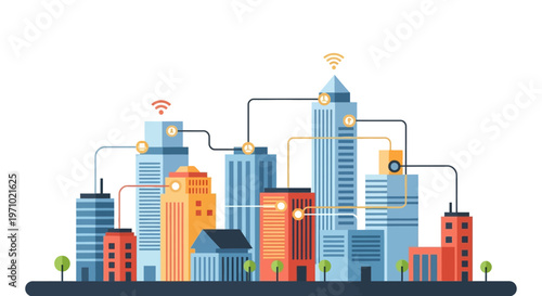 Smart city concept illustration depicting a modern urban landscape with interconnected buildings and wireless communication networks for digital infrastructure