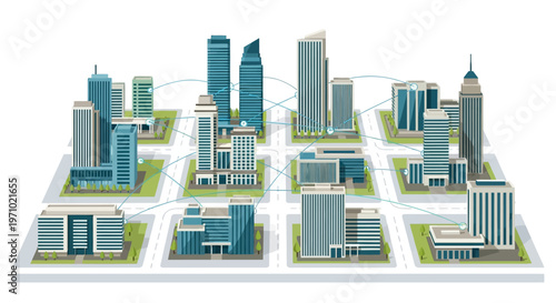 A Connected Network of Modern City Buildings, Representing Urban Infrastructure and Global Business Connections in a Digital Age