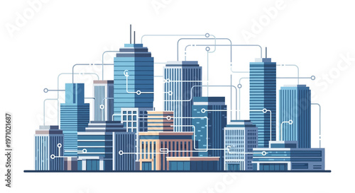 Abstract cityscape illustration with connected lines, symbolizing smart city technology, urban development, and digital networks in a modern metropolis