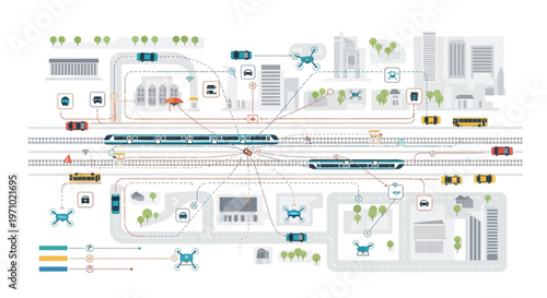 Futuristic smart city with autonomous vehicles, drones, and smart infrastructure showcasing a connected and sustainable urban transport system