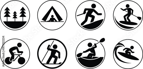 Set of eight circular outdoor adventure icons in flat design style, showing camping, hiking, cycling, surfing, kayaking, rafting, paddleboarding, and forest nature activities