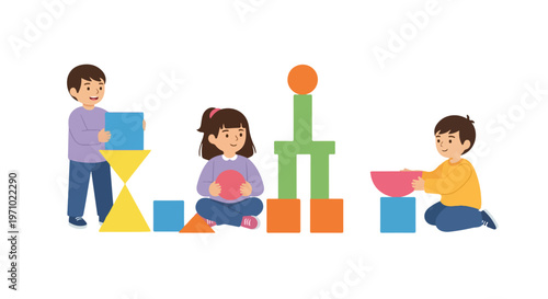 Three young children are happily playing together with colorful geometric building blocks of various shapes on a plain white background.