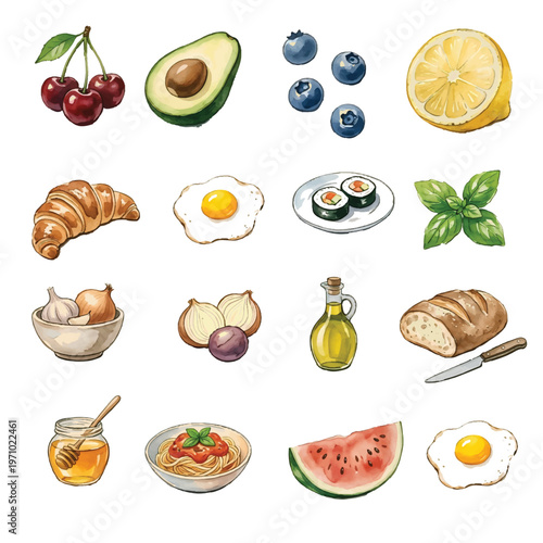 Food and fruit icon set with fresh fruits vegetables and healthy foods pattern