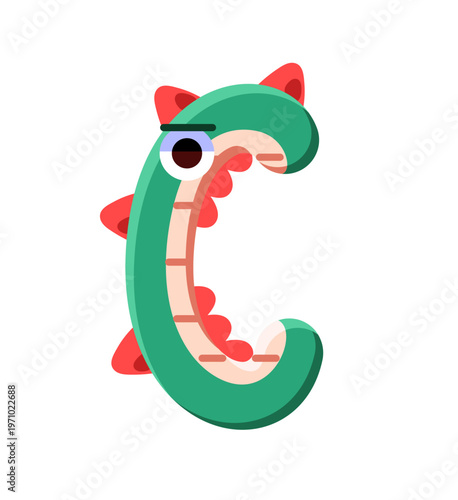 Funny toothy character with shape of letter C. Cute design of child alphabet with monsters and aliens. English ABC font for kids education. Flat isolated vector illustration on white background