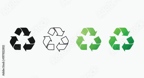 Recycling symbols depicted in black and white and green variations for environmental awareness.