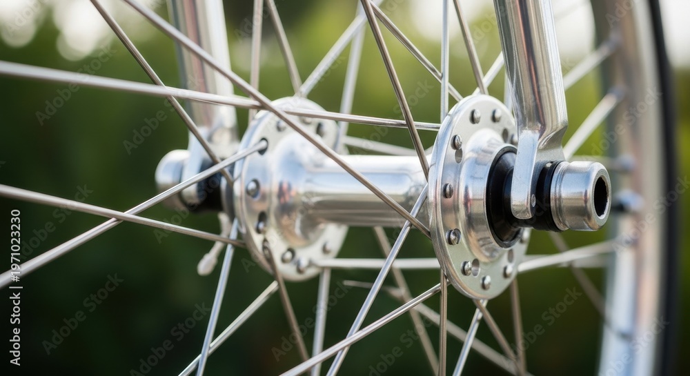 Fototapeta premium Polished aluminum bicycle wheel hub with radiating spokes, close-up detail.