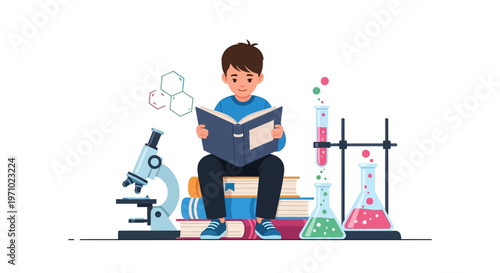 Illustration of a boy reading a book surrounded by science equipment and books