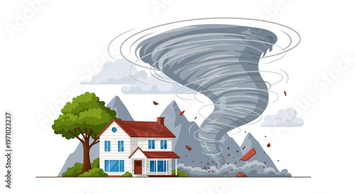 Illustration of a large tornado approaching a house with a tree in a mountainous landscape.