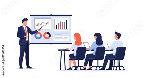 Businessman presenting a graph to colleagues in a meeting room with a professional and collaborative mood.