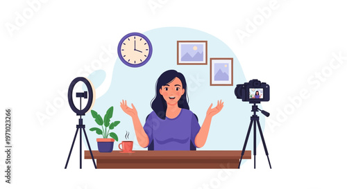 Illustration of a woman recording a video with a camera and ring light on tripods in a home office setting.