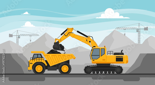Illustration of a yellow excavator and dump truck on a construction site with mountains and cranes in the background.